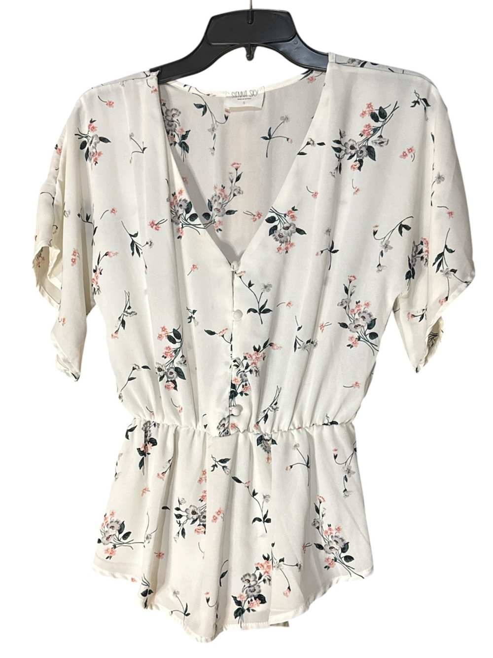 Sienna Sky Cream Ditsy Floral V-Neck Short Sleeve Peplum Blouse - Size S